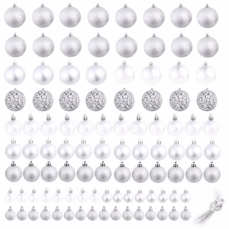 Berkfield Home 100 Piece Silver Christmas Bauble Set, Round Hanging Ornaments in 3 cm, 4 cm and 6 cm Sizes