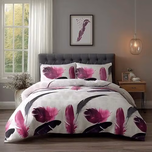 Home Sweet Home UK Super King White Feather Leaf Print Polycotton Duvet Cover and Pillowcase Set, W/D/H: 220 x 200 cm