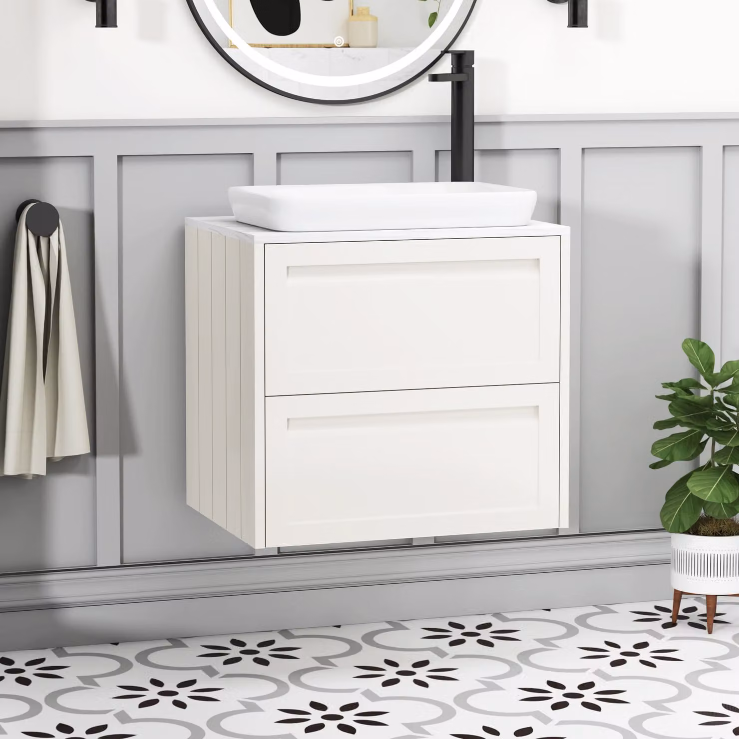 Royal Bathrooms Elmore 600mm Classic White Wall Hung 2 Drawer Vanity Unit with Qubix Basin