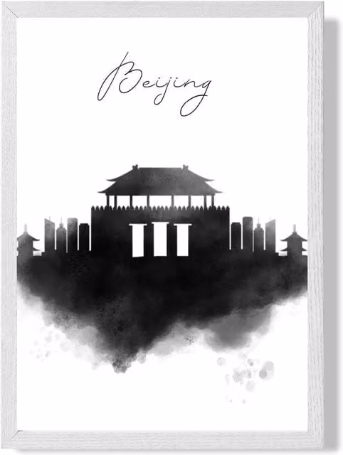 ARTZE Beijing Watercolour Skyline City Framed Print with White Frame in Black, A2 – 1