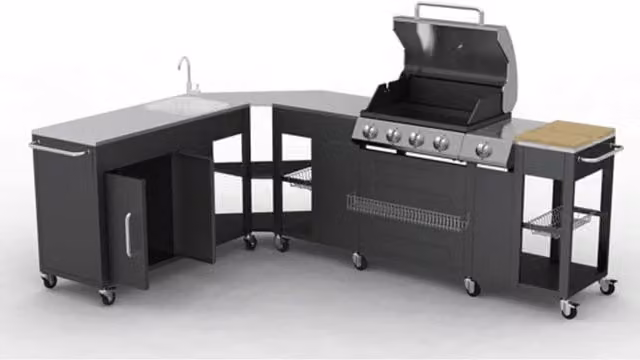 Berkfield Home Missouri 4-Burner Gas Outdoor Kitchen Barbecue in Black with Stainless Steel and Wood Finish, W/D/H: 248.0 x 112.0 x 55.5 cm – 1