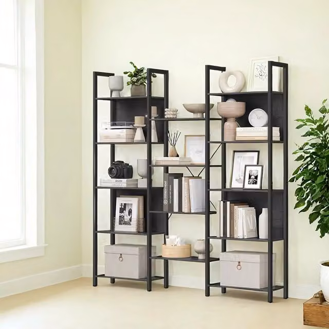 VASAGLE Industrial Bookcase with 14 Shelves, Black and Brown Metal and MDF Shelf Unit