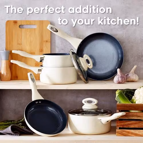 Cermalon 5-Piece Ceramic Cookware Set in Beige and Grey with Frying Pans, Saucepans and Lids – 4