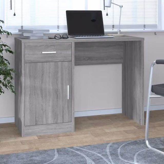 Berkfield Modern Grey Sonoma Computer Desk with Drawer and Cabinet, W/D/H: 100 x 40 x 73 cm