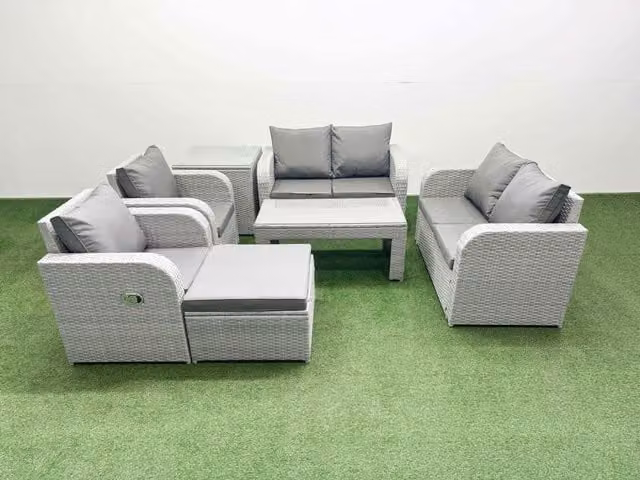 Fimous 7 Seater Rattan Garden Furniture Set in Light Grey with Reclining Chairs, 2 Seater Sofa, Coffee Table and Ottoman