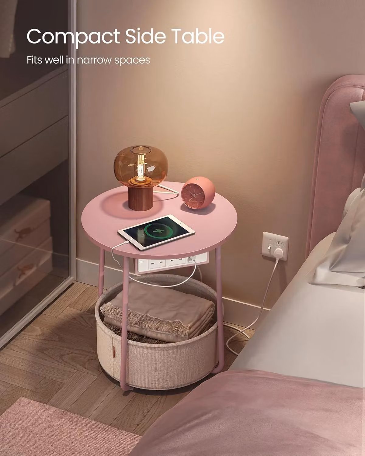 VASAGLE Round Side Table with Charging Station, USB Outlets and Fabric Basket in Pale Pink – 2