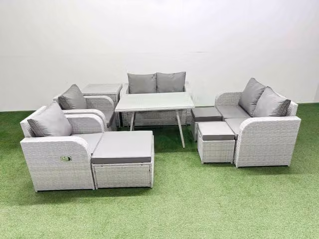 Fimous 9 Seater Rattan Garden Furniture Set in Light Grey with Upholstered Cushions and Coffee Table