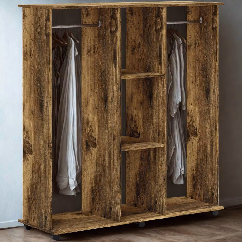 FURNOS Open Wardrobe Clothes Rail with Storage Shelves on Wheels, Rustic Brown, W/D/H: 128 x 40 x 30 cm – 3