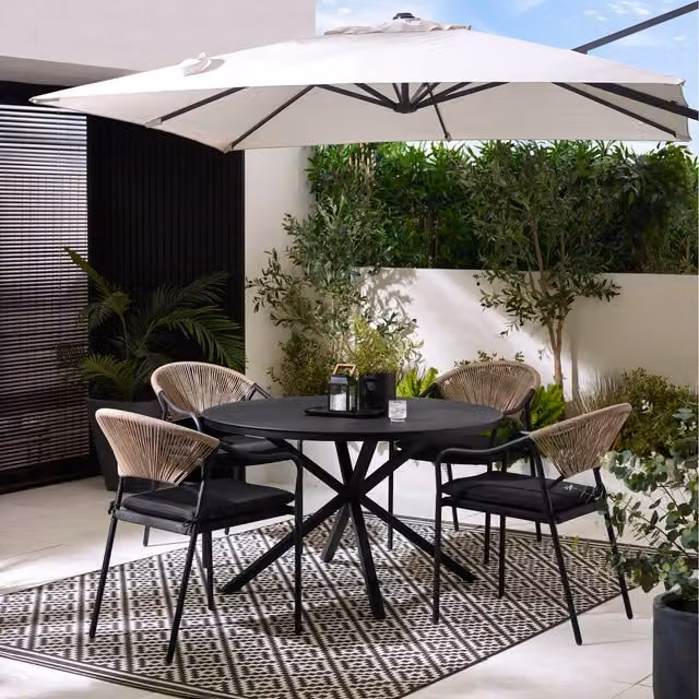 Furnitureboxuk Nanterre Round Table and 4 Elba Chairs Outdoor Set in Black Metal and Rattan