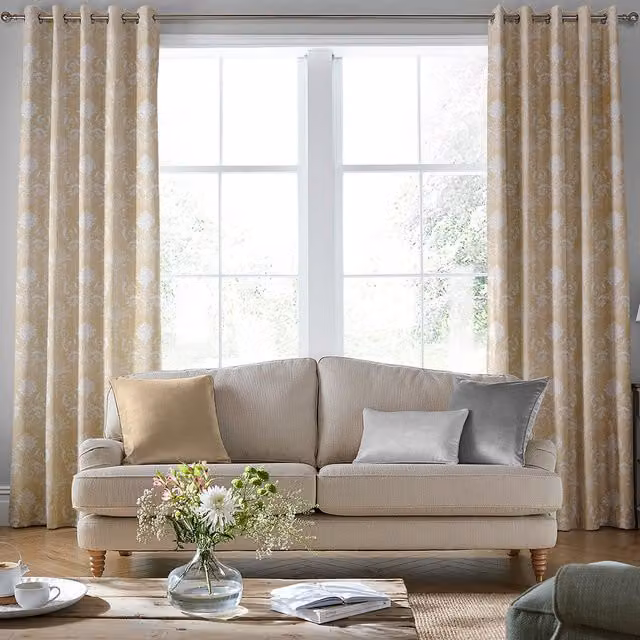 Laura Ashley Josette Made to Measure Blackout Woven Curtains in Gold Damask Leaf Pattern