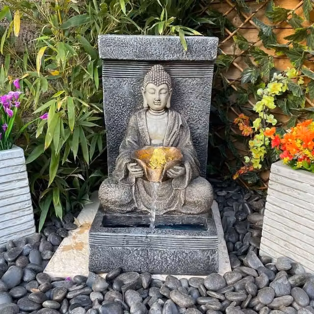 Anurak Tranquility Solar Powered Freestanding Stone Water Fountain in Grey