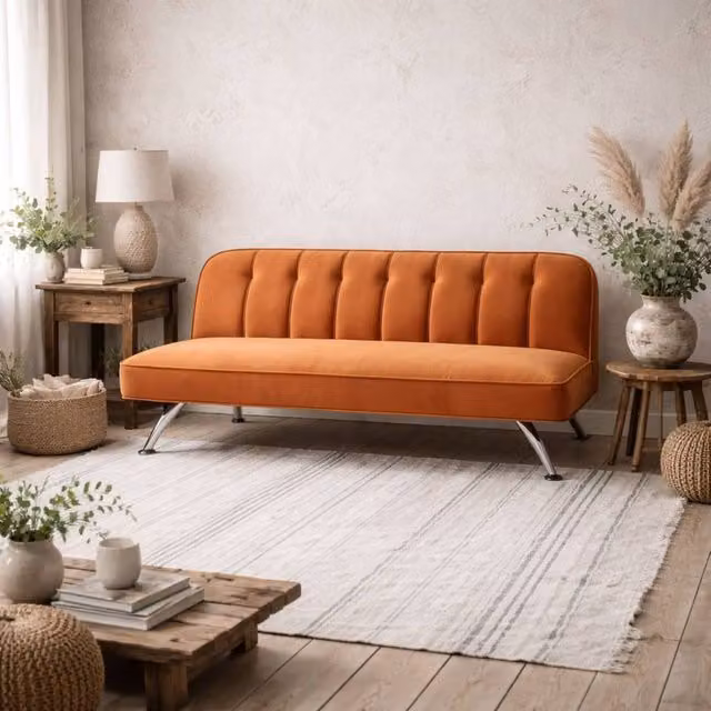 Wyld Haus Malahide Single Orange Velvet Tufted Sofa Bed with Silver Metal Frame