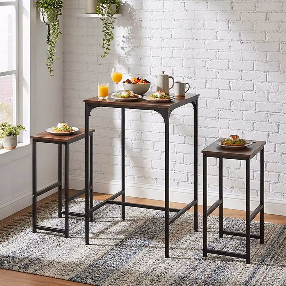EONLION Industrial Bistro Bar Table and 2 Stools Set in Brown and Black – 3