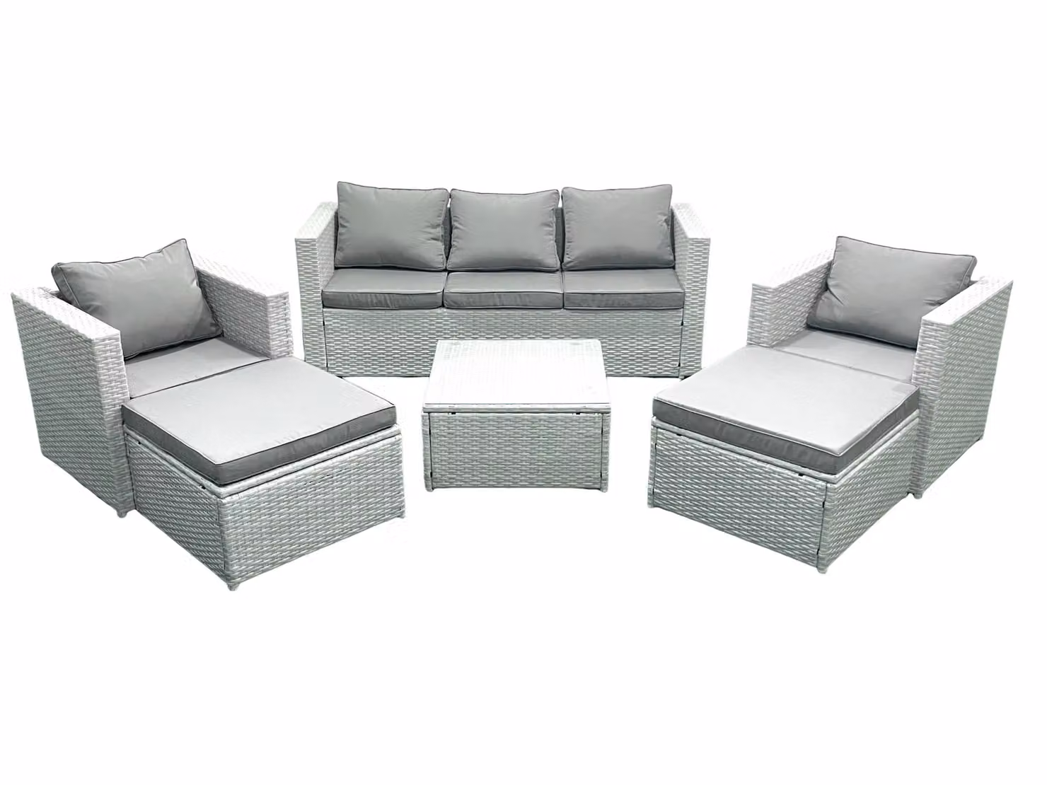 Fimous 7 Seater Rattan Garden Furniture Set in Light Grey with 3 Seater Sofa, 2 Chairs, Square Coffee Table and 2 Footstools – 2