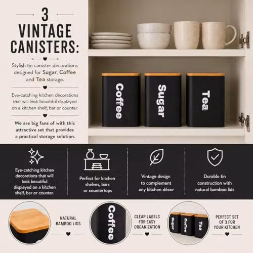 Almineez Set of 3 Black Stainless Steel Tea Coffee Sugar Canisters with Airtight Bamboo Lids – 4