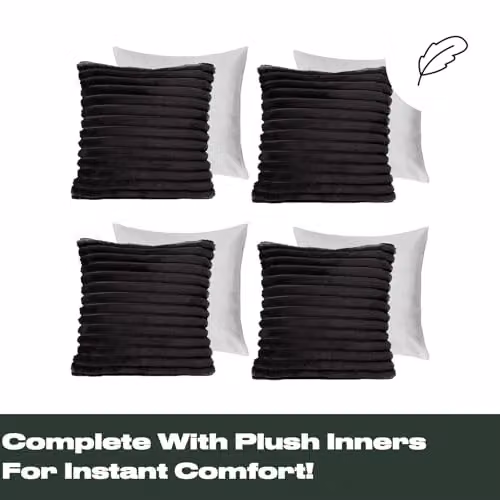 OHS Pack of 4 Black Faux Fur Ribbed Square Decorative Throw Pillows with Removable Covers, W/D/H: 45 x 45 x 45 cm – 5