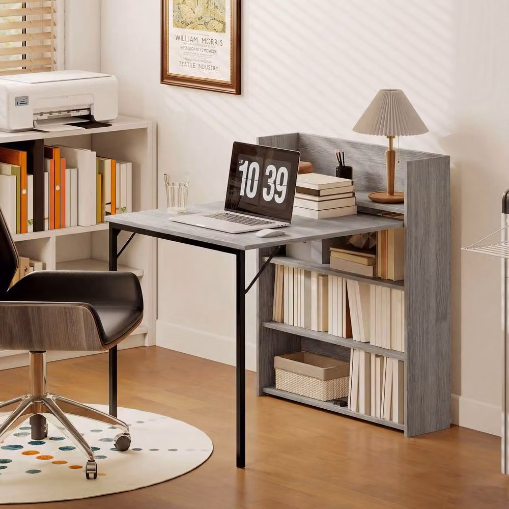 STILVORA Grey Folding Dining Table with Storage Shelves and Industrial Wood Design – 5