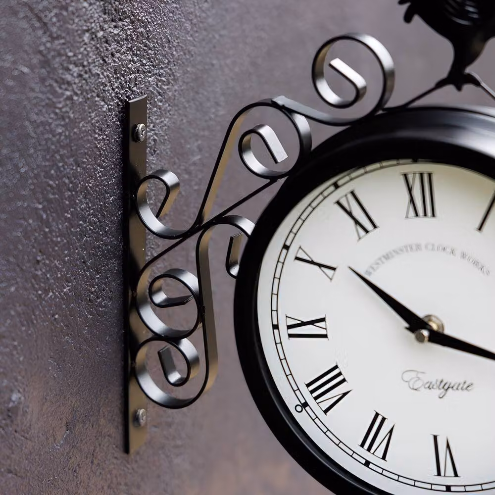 Primrose Double Sided Station Wall Clock with Bell Cockerel in Black Metal, Diameter: 30 cm – 3