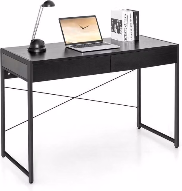 Kelvenix Modern Wooden Computer Desk in Black with Dual Pedestal and X-Frame Support – 1
