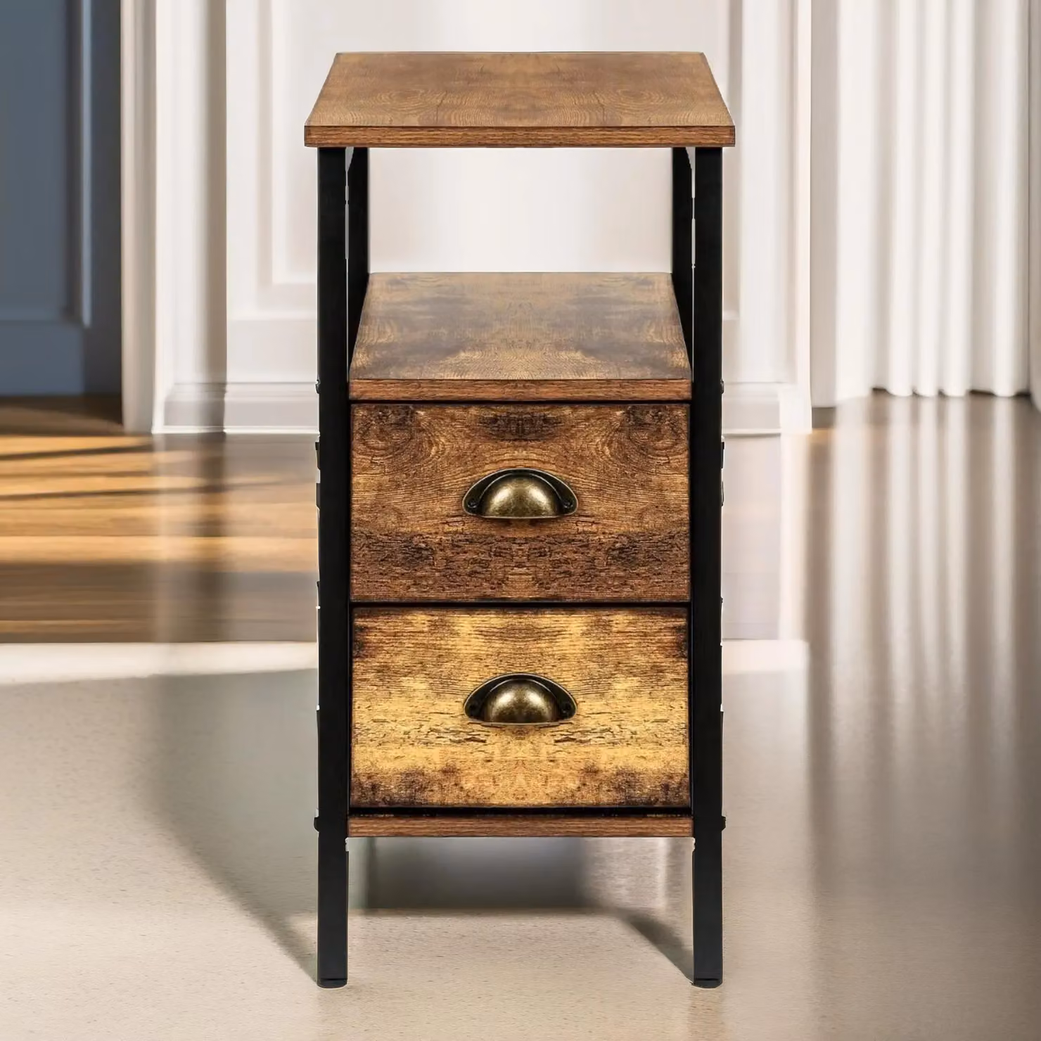 Pirlo Plush Bedside Table with 2 Drawers in Rustic Brown and Black – 3