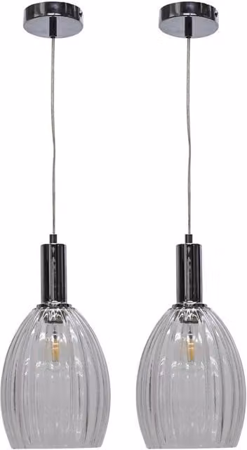 First Choice Lighting Birch Set of 2 Chrome Deco Pendant Lights with Transparent Fluted Glass