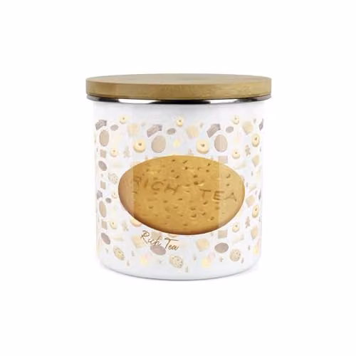 Purely Home Rich Tea Biscuit Storage Canister, White Enamel Cookie Jar with Bamboo Lid