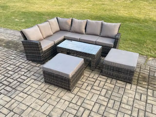 Fimous Dark Grey Rattan Corner Sofa Garden Dining Set with 2 Large Footstools