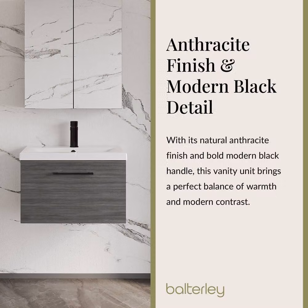 Balterley 600mm Wall Hung 1 Drawer Vanity in Woodgrain Anthracite with Black Handle in Grey – 3
