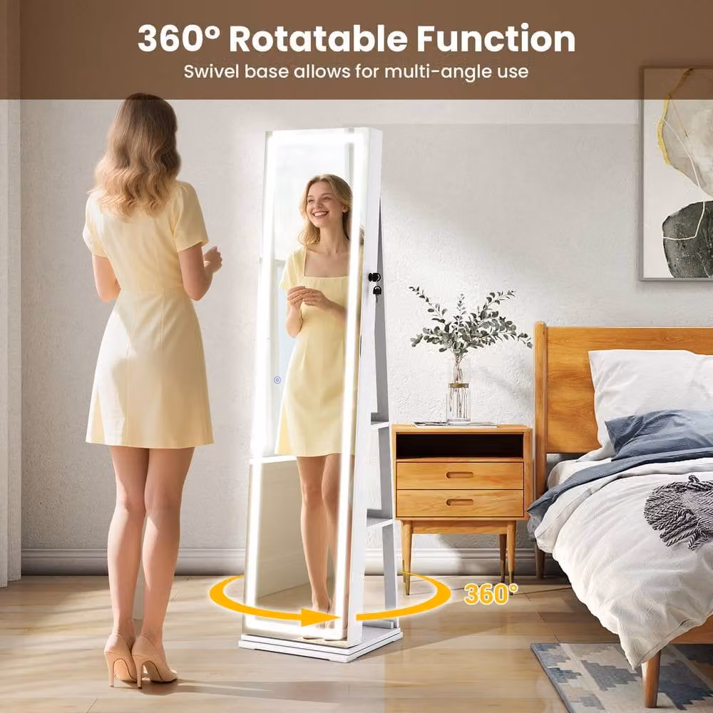 Costway Freestanding 360 Swivel Jewelry Cabinet with LED Lighting and Mirror in White – 6
