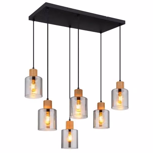 Netlighting Aleidis Rectangular Pendant Lamp with Smoked Glass and Wood, 6-Bulb, W/D/H: 67 x 33 x 120 cm