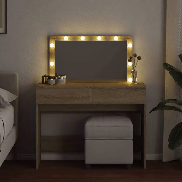 Berkfield Home Beautiful Hollywood LED Dressing Table in Sonoma Oak and Beige, W/D/H: 100 x 40 x 120 cm