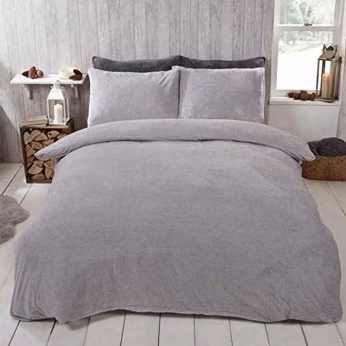 Brentfords Teddy Fleece Duvet Cover and Pillowcase Set, Grey Silver, W/D/H: 180 x 200 cm, Pillowcases: 50 x 75 cm
