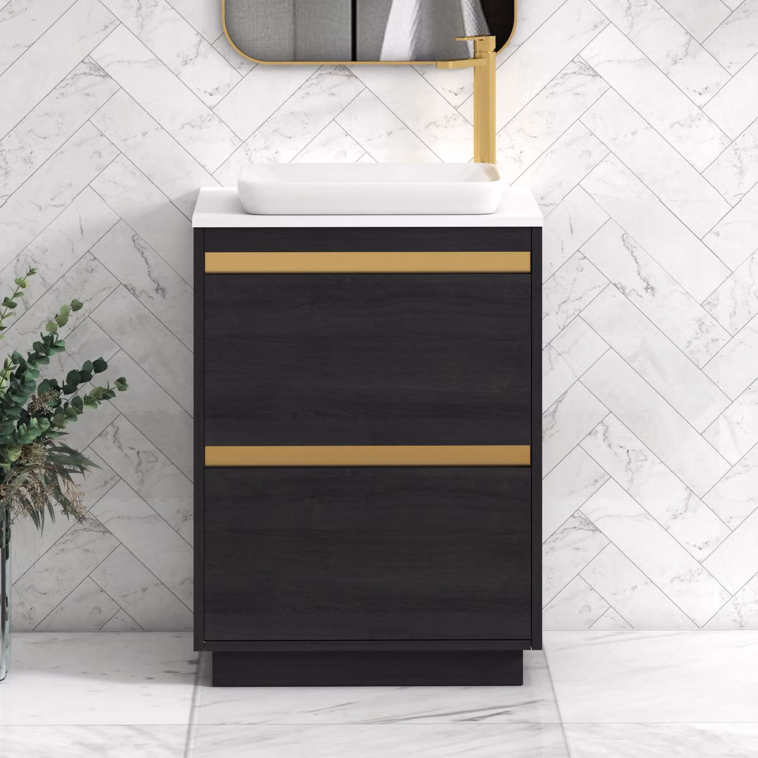 Royal Bathrooms Orion 600mm Hale Black and White Floor Standing Vanity Unit with 2 Drawers, Qubix Basin and Brushed Brass Accent Trim