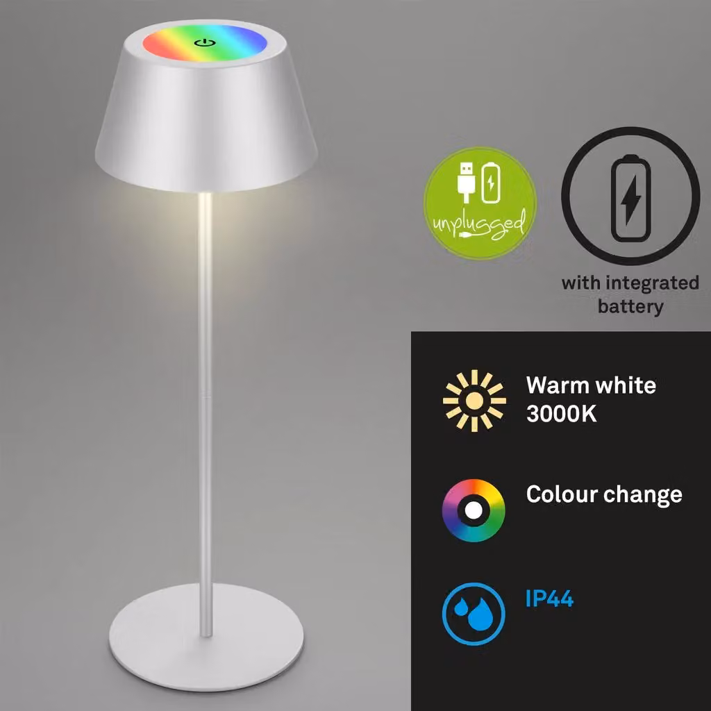 Briloner Matt Chrome RGB LED 2.6W Rechargeable Table Lamp in Silver – 2