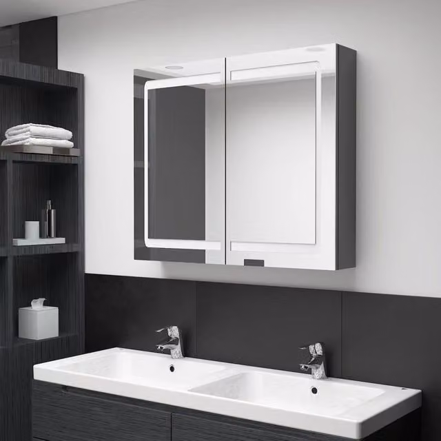 Berkfield Home LED Bathroom Mirror Cabinet in Grey, W/D/H: 80 x 12 x 68 cm – 1