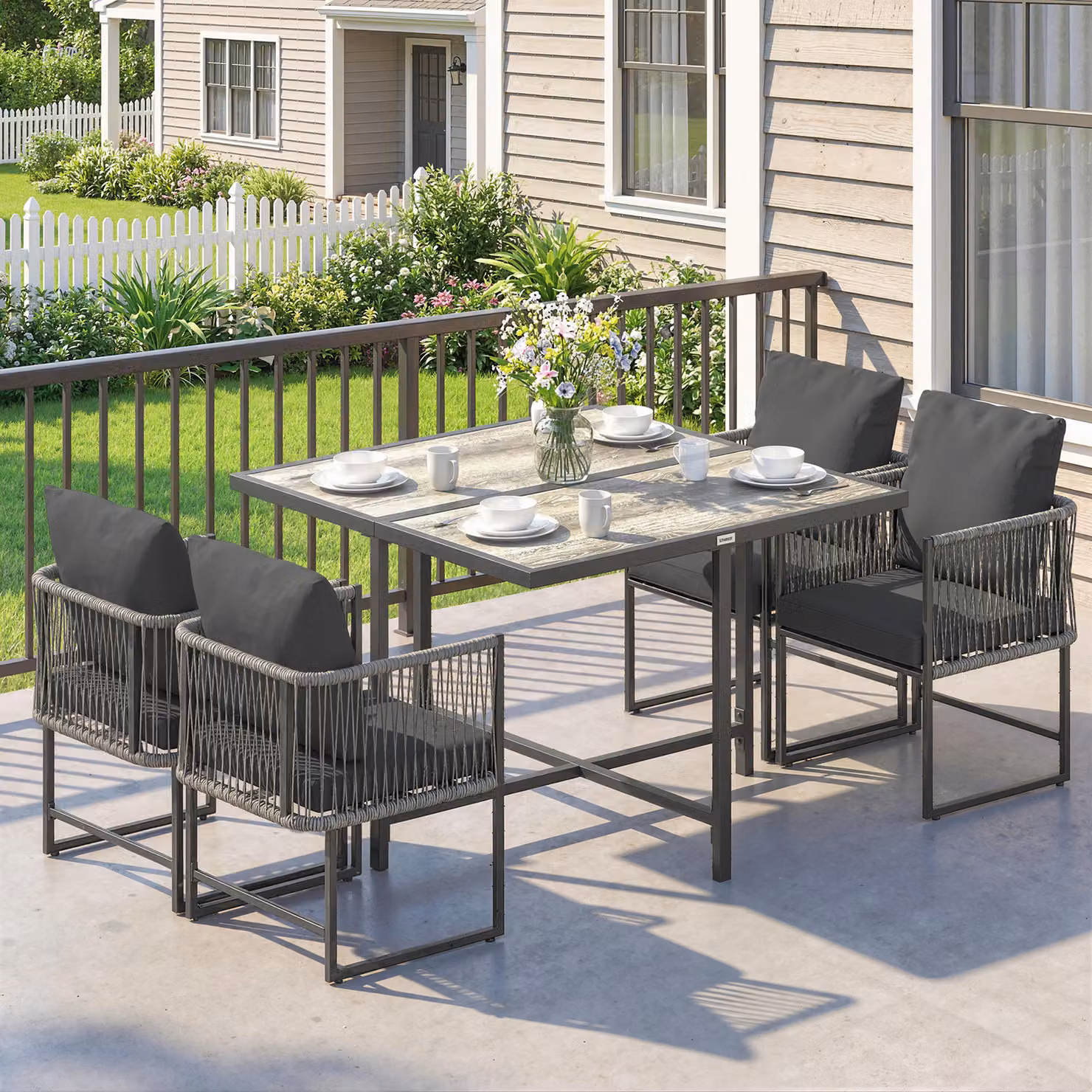 Outsunny 4-Seater Rattan Garden Dining Set with Black Cushions and Powder Coated Steel Frame – 7