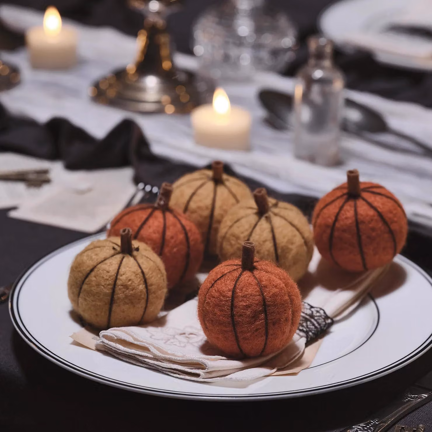 Lights4fun Set of 6 Wool Pumpkin Tabletop Decorations in Orange and Yellow – 1