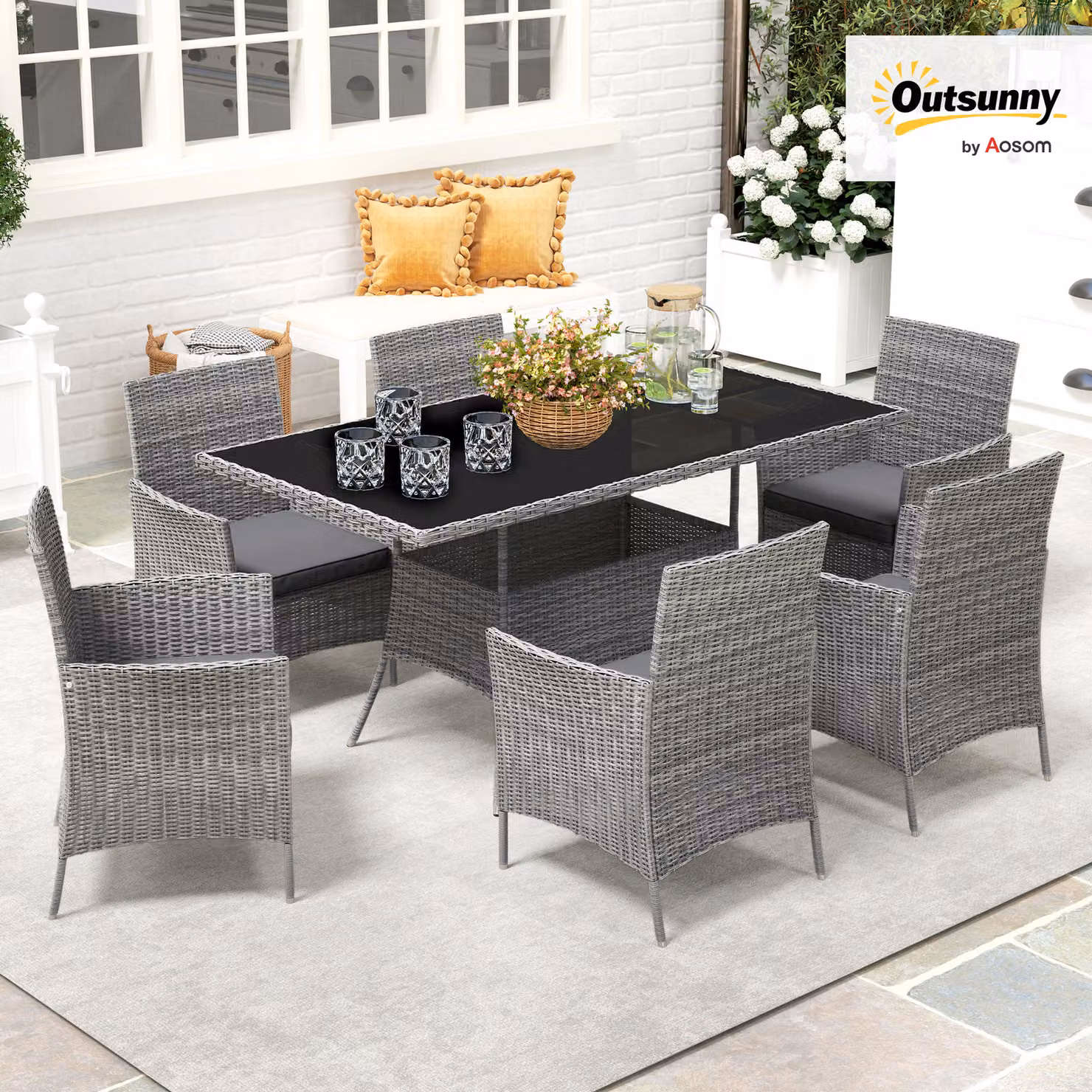 Outsunny 7-Piece Rattan Garden Furniture Set with Cushions, 6 Seater Glass Top Table and 6 Armchairs, Charcoal Grey – 7
