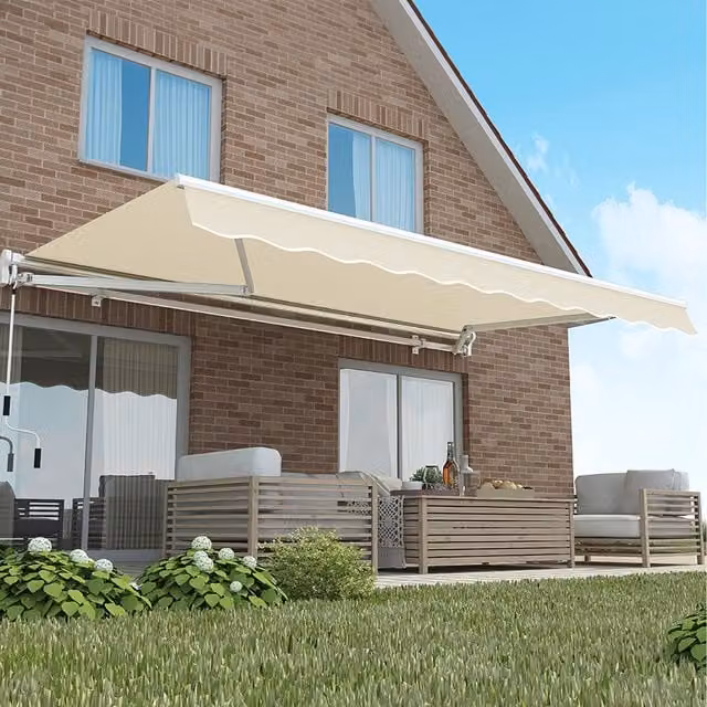 Primrose Manual Retractable Folding Arm Awning with White Aluminium Frame, Sand, W: 300 cm, D: 250 cm