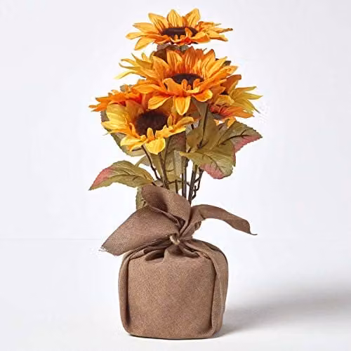 Homescapes Yellow and Gold Artificial Sunflower Arrangement in a Rustic Textile Vase, Height: 40 cm – 1