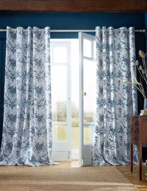 Laura Ashley Tuileries Blue Mix Floral Eyelet Curtains in Cotton and Polyester