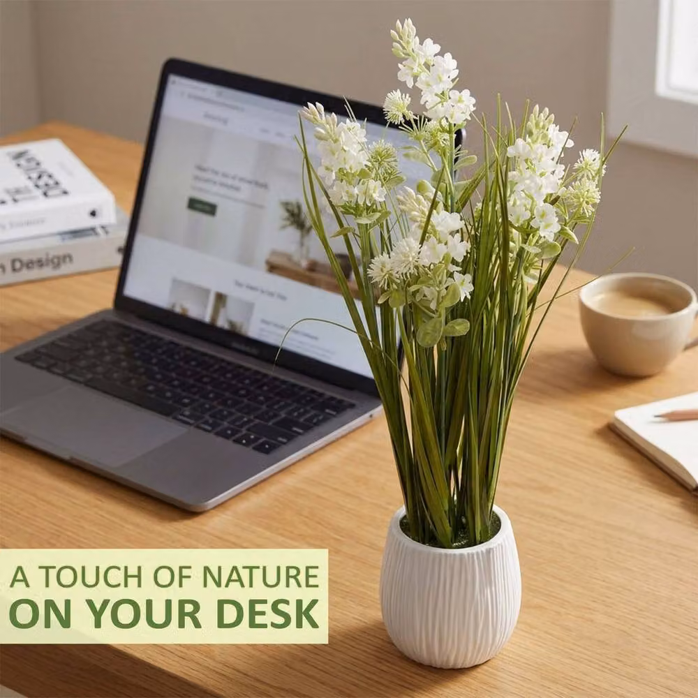 Crystals Modern Faux Artificial Lavender Silk Flowers in Pot, Green and White, Height: 50 cm – 5