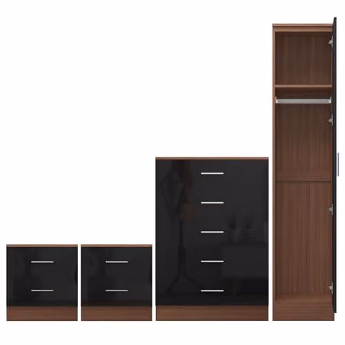 Reflect Modern Bedroom Furniture Set in Black Gloss and Walnut Finish featuring 1 Door Wardrobe, 5 Drawer Chest and 2 Bedside Tables – 3