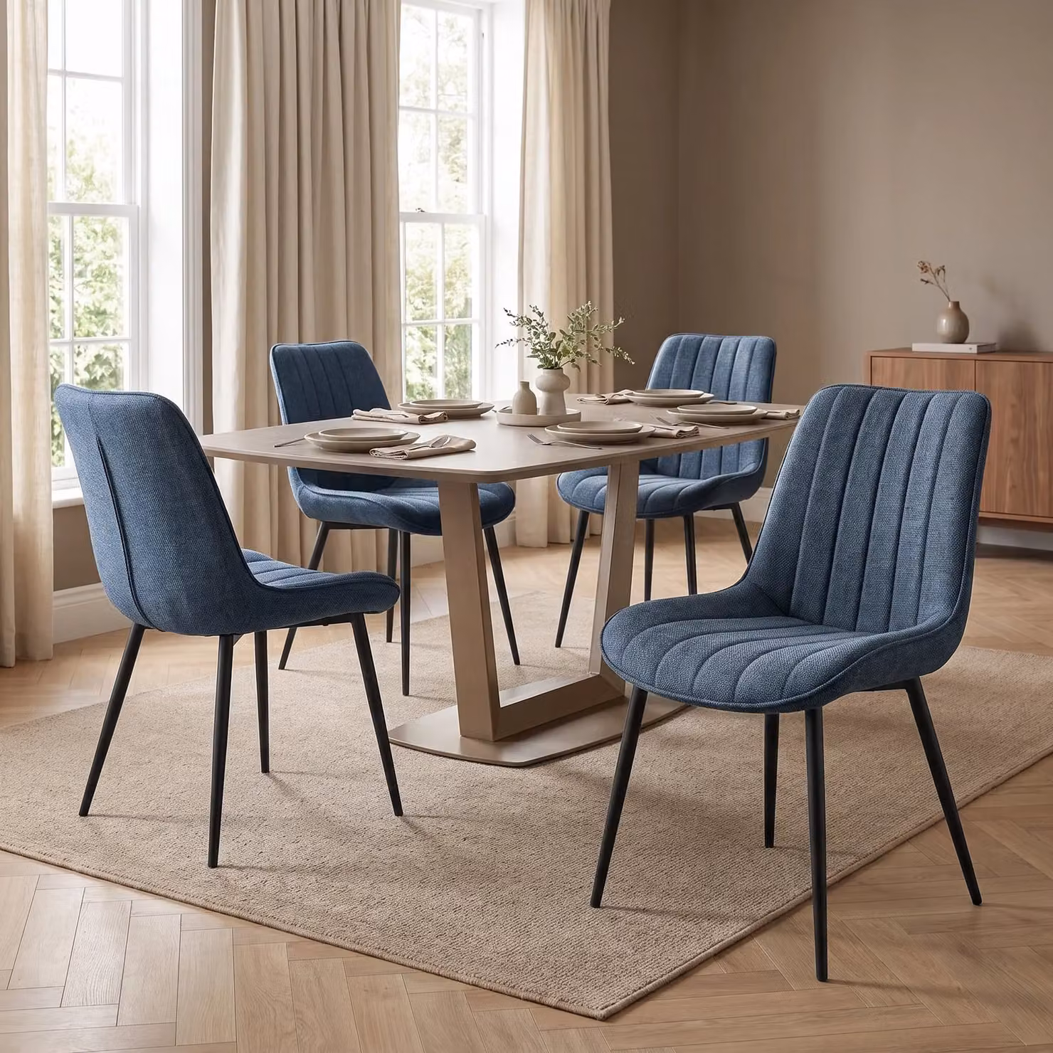 DHS Set of 4 Blue Vertical Striped Fabric Dining Chairs with Metal Frame