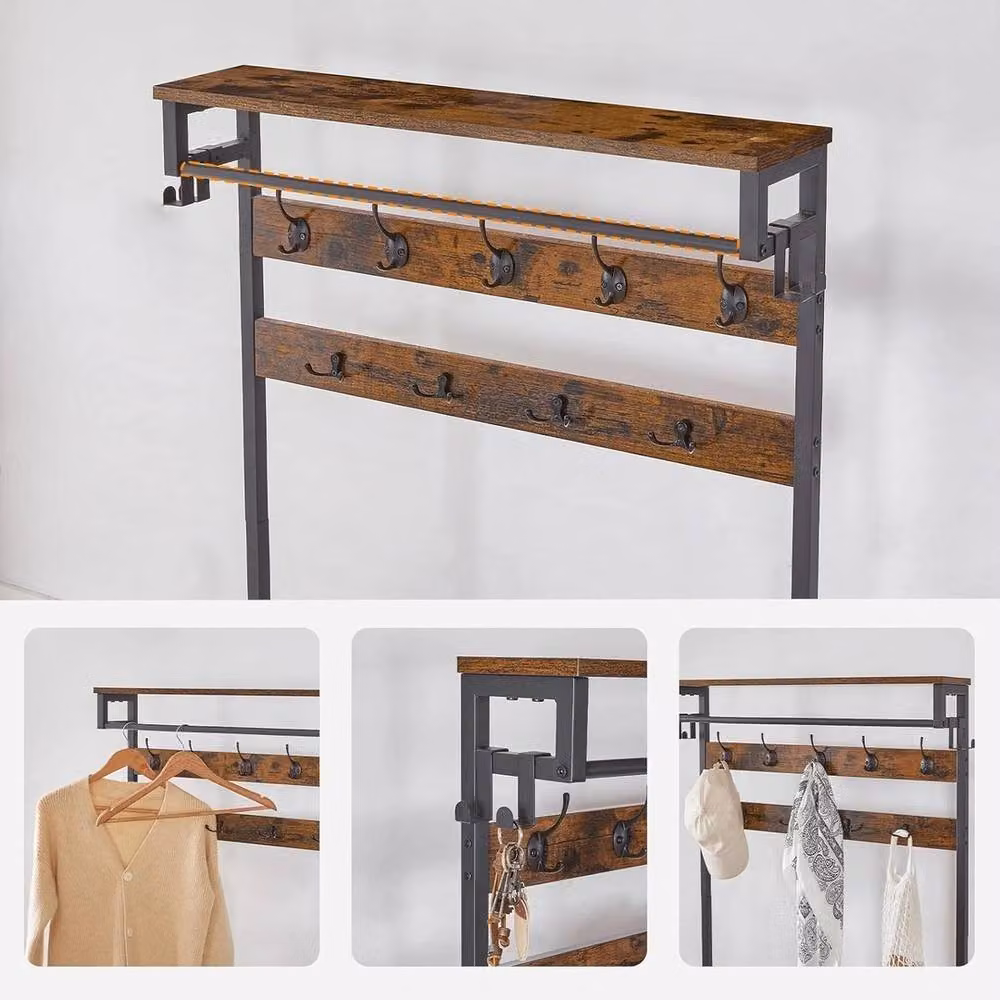 NESTLUNE Hall Tree Coat Stand with Shoe Storage Bench in Brown – 3