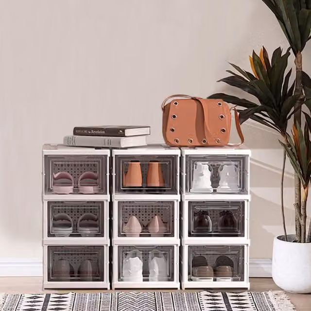 Livingandhome Foldable and Stackable Transparent Shoe Storage Box, White