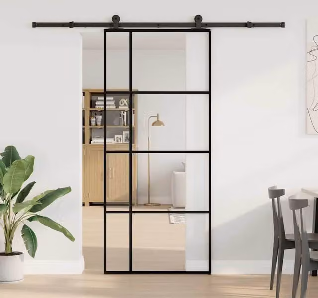 Berkfield Home Modern Sliding Glass and Aluminium Door with Hardware Set in Black, W: 90 cm, H: 205 cm