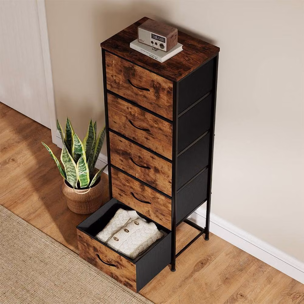 Levede 5 Drawer Fabric Chest of Drawers with Metal Frame in Brown – 2