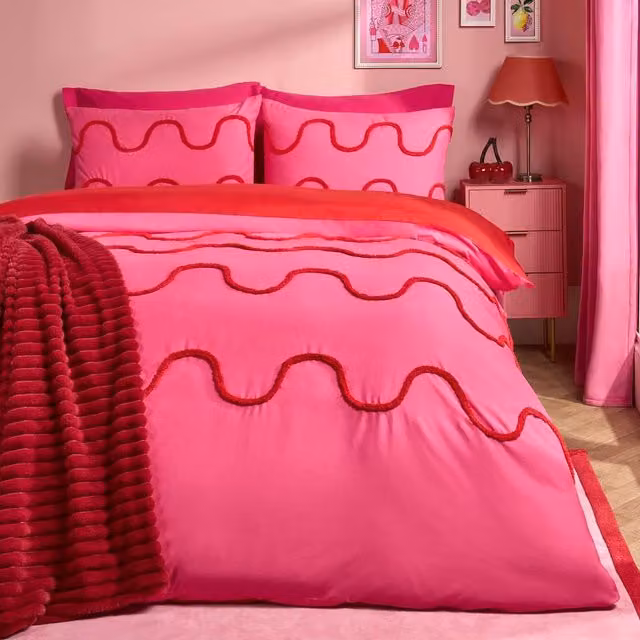 OHS Modern Tufted Wave Bedding Set with Duvet Cover and Pillowcase in Bright Pink, W/D/H: 180 x 200 cm