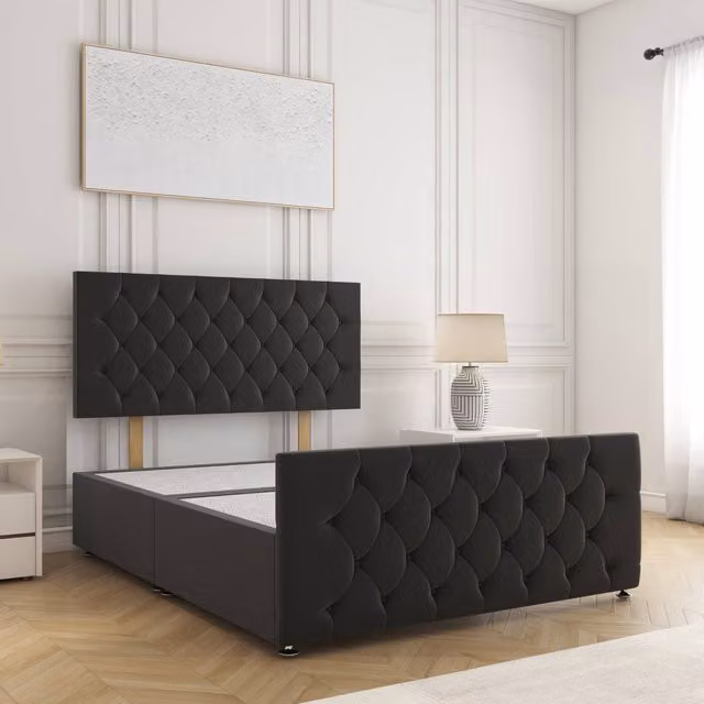 BSSPOKE Maya Super King Plush Velvet Divan Bed with 24 inch Headboard in Black, W/D/H: 200 x 200 cm – 1